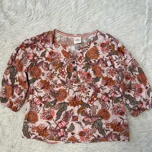 Knox Rose Womens Top Sz Small Pink Orange Floral Fall 3/4 Sleeve